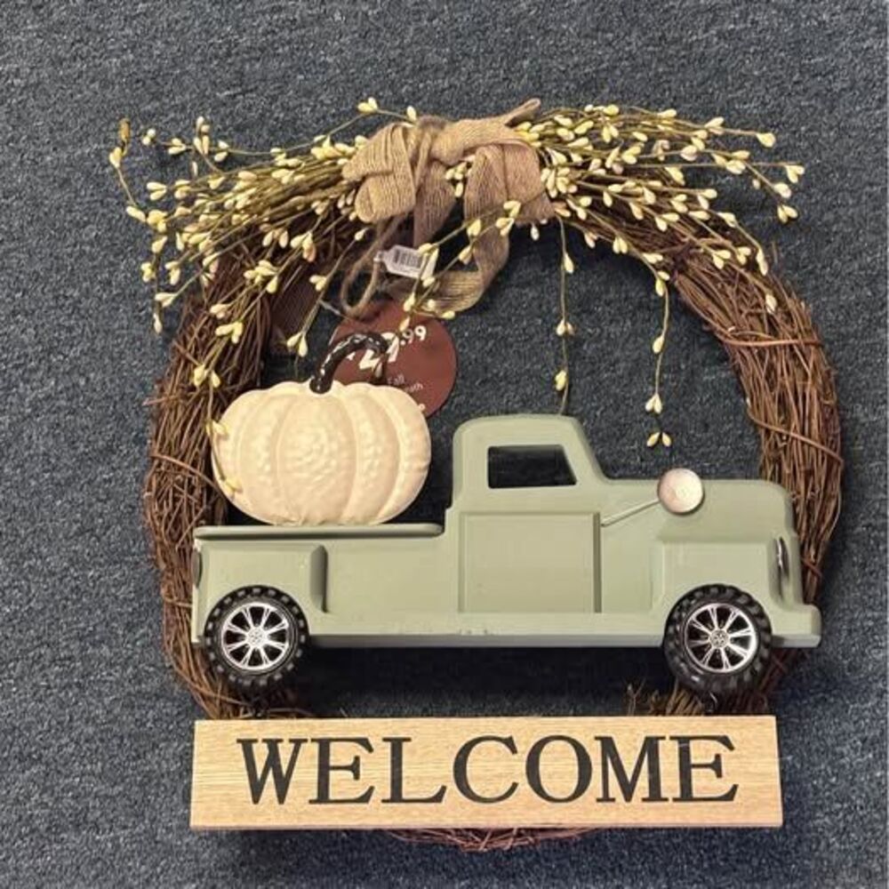 Fall Welcome Wreath with Green Truck and Pumpkin